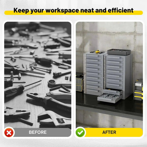 Gray Metal Tool Storage Cabinet With 9 Drawers With Dividers, all-welded steel construction shown organizing tools efficiently.