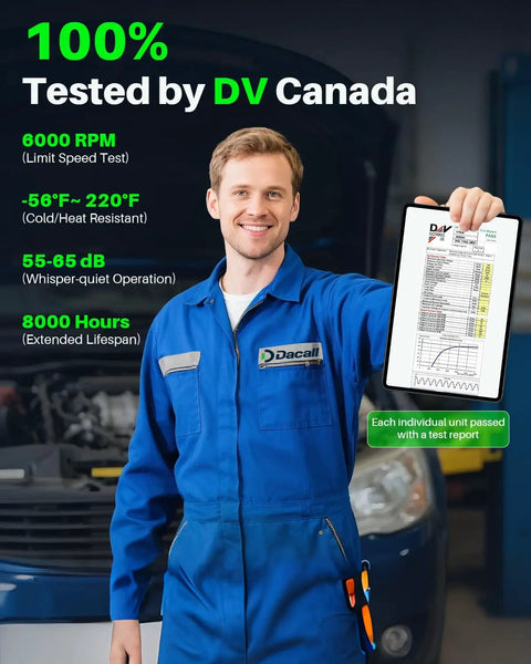 Technician in blue uniform holding test report for car component in auto repair shop