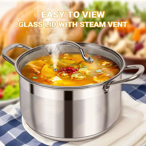 8 Quart Stainless Steel Stock Pot With Heavy Duty 5 Layer Bottom For Induction Cooking and Visible Glass Lid with steam vent