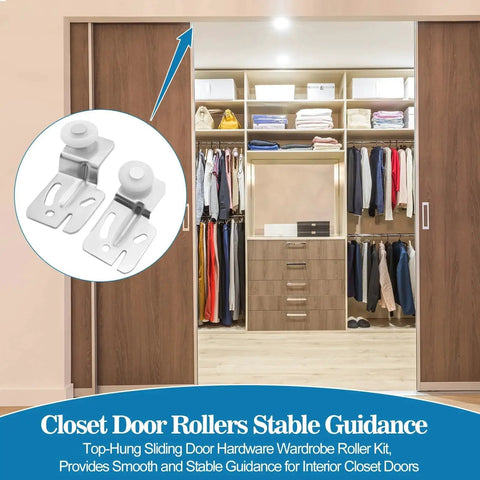 Sliding Closet Door Roller Kit With Floor Guide For Top Hung Wardrobe Doors Replacement Hardware Includes Track And Adjustable Guides Fits Three Quarters Of An Inch To One And Three Eighths Inches Doors shown installed with wooden doors.