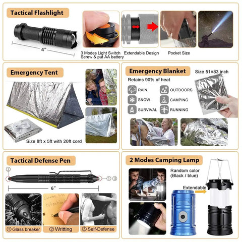 Diagram showing items in 250 Piece Survival Kit With Molle System Compatible Bag And Emergency Tent, featuring flashlight, tent, blanket, pen, camping lamp.