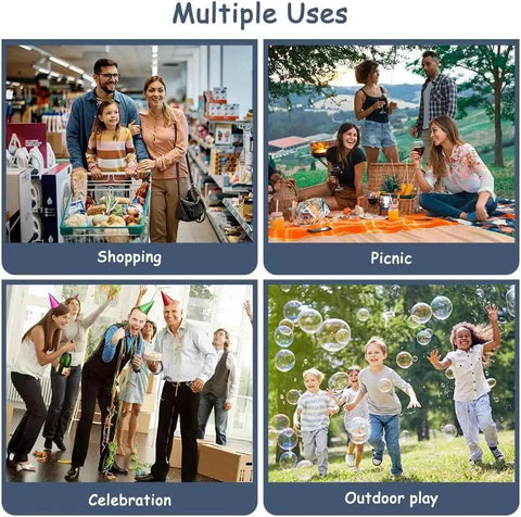 Collage showcasing multiple uses: shopping, picnic, celebration, outdoor play for Foldable Shopping Trolley With Wheels 2 In 1 Reusable Grocery Tote Bag Dark Blue.