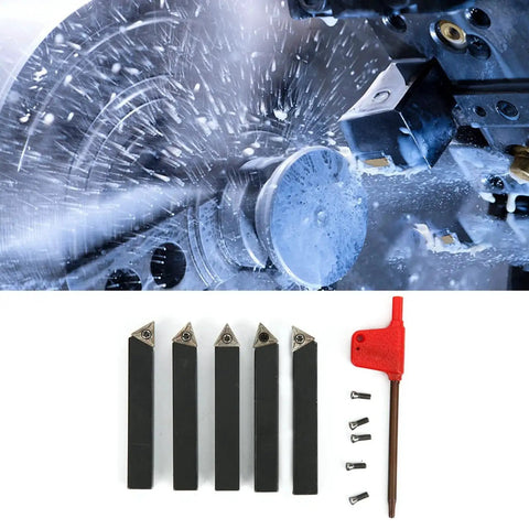 Pro Grade Five Piece Three Eighths Inch Indexable Turning Tool Set with Cemented Carbide Lathe Cutting Tools, tin-coated, side view
