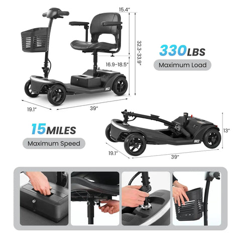 Mobility scooter M2 black with front basket and adjustable tiller; 330 lb max load, 15-mile range, folded view