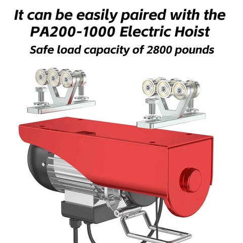 Six Wheel Hoist Trolley With Rollers For Electric Hoist Strut Channel Assembly paired with red electric hoist