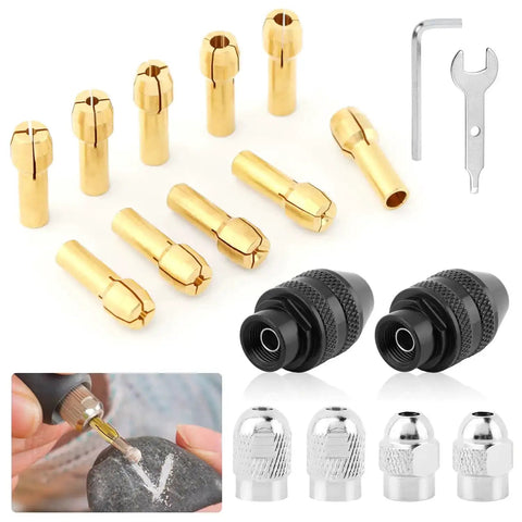 28 Piece Drill Chuck Collet Set For Dremel Rotary Tools 1/32 To 1/8 Inch with brass collets, keyless chucks, wrenches