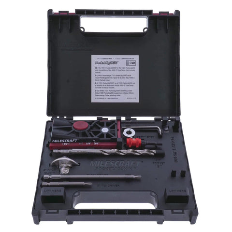 Open pocket hole jig kit system with dual pocket hole setup for quick woodworking projects, featuring face clamp and accessories.
