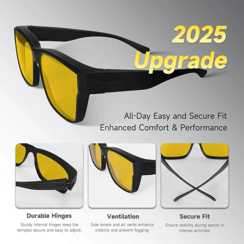 Overnight Driving Glasses For Men And Women With Matte Black Frame, Polarized Yellow Lenses for HD Night Vision, Anti Glare, UV Protection.