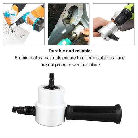 Rotatable 360 Degree Sheet Metal Cutter Nibbler Drill Attachment showing usage for burr-free edges, compatible with 8mm drills