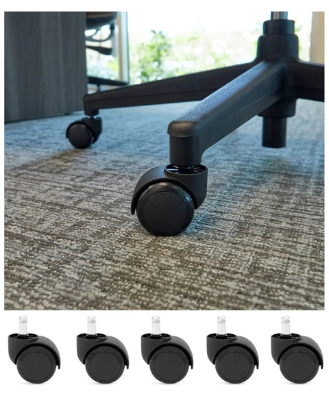 Heavy Duty Office Chair Wheels 5 Pack Replacement For Hardwood Floors And Carpet 2 Inch Universal Stem shown on chair base.