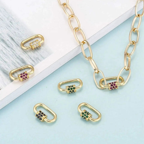 Mixed Color Micro Pave Cubic Zirconia Carabiner Lock Charms, Oval Clasp, Screw Locking Carabiners, 19x12mm, Necklace Display