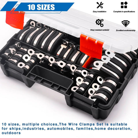 Twidec 110 PCS cable clamps set in a handheld case; 10 sizes of 304 stainless steel rubber-coated cushions for auto use.