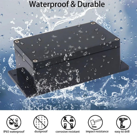 2 Pack IP65 Waterproof ABS Plastic Electrical Junction Boxes Project Enclosures With Fixed Ears Black shown under water drops