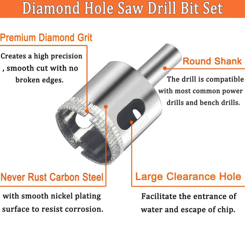 Diamond Drill Bits For Glass 10 Piece Hole Saw Set with industrial grade grit, close-up view showing premium diamond grit and round shank.