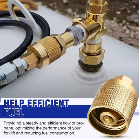 Forklift Propane Tank Connector 1-1/4 Inlet To 1/4 NPT Outlet 4 O Rings 2 Pack shown in use connecting fuel line.