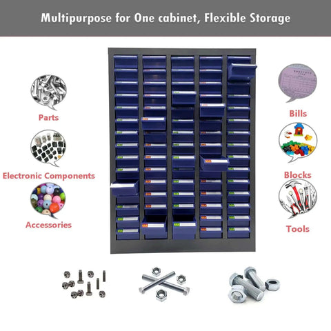 Heavy Duty Steel Parts Organizer With 75 Drawers And Customizable Dividers For Bolts And Nuts The Workhorse Of Your Workshop Industrial Tool Storage Cabinet For Workshop Factory And Office Anti Drop ABS And PS Drawers For Secure Busy Workflows, front view with parts and tools displayed.