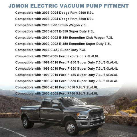 JDMON electric vacuum pump fitment for Ford F-250/F-350/F-450/F-550 and Dodge Ram 2500/3500; dark pickup truck.
