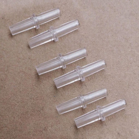 Clear plastic aquarium airline tubing connectors for 3/16-inch hoses, six pieces.