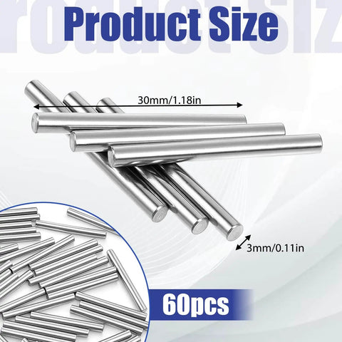 Image of 60Piece 3mm By 30mm Stainless Steel Shelf Dowels For Cabinets And Furniture Heavy Duty 304 Pegs shown with dimensions