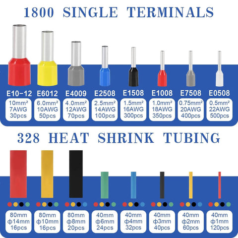 All-In-One Wire Ferrule Crimping Kit With 1800 Ferrules showing single terminals and heat shrink tubing sizes