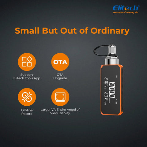 Elitech VGW-Mini wireless digital vacuum gauge with adaptor; orange housing, black display, 1/4 in SAE port.