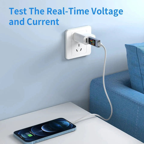 360W USB C Power Meter Tester for Type-C PD Charging tracking voltage and current on wall socket with phone charging