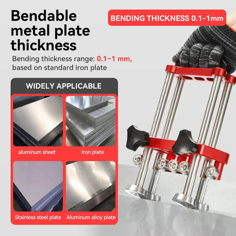 Image of a bendable metal plate thickness tool showing a handheld sheet metal roller and two station bender with 0.1-1mm capability.