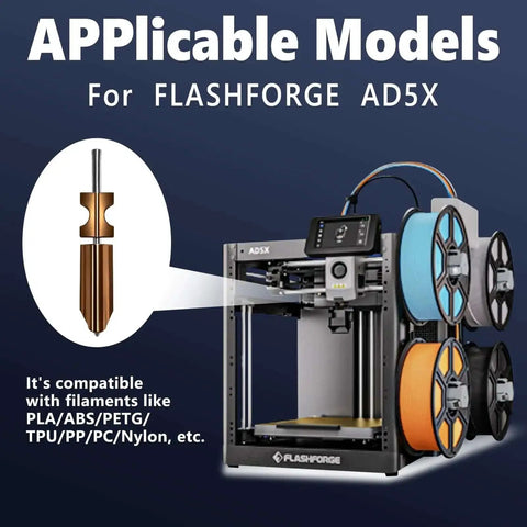 Flashforge AD5X 3D printer with focus on compatible nozzle insert, showing filament compatibility.