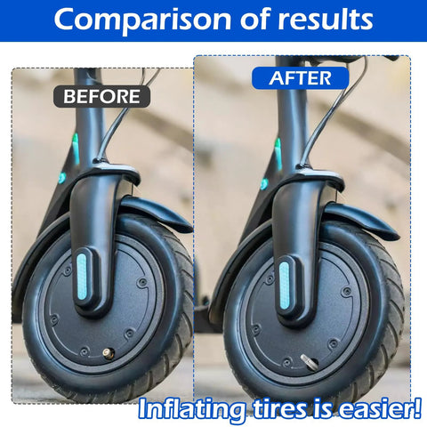 Valve stem extension kit on scooter wheel, black with blue accents, before and after inflation comparison.