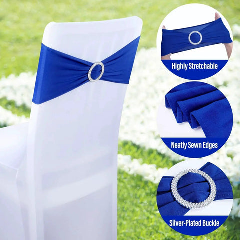 Royal Blue Spandex Chair Sashes Set Of 30 With Buckle Slider Universal Elastic Bands For Wedding Banquets And Party Decor on chair