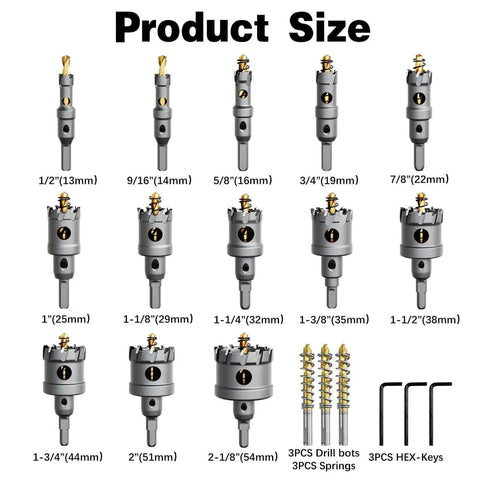 Heavy Duty Carbide Hole Saw Kit For Metal With Titanium Pilot And L Wrenches By METOTY 19 Piece Set Includes 13 Hole Saws