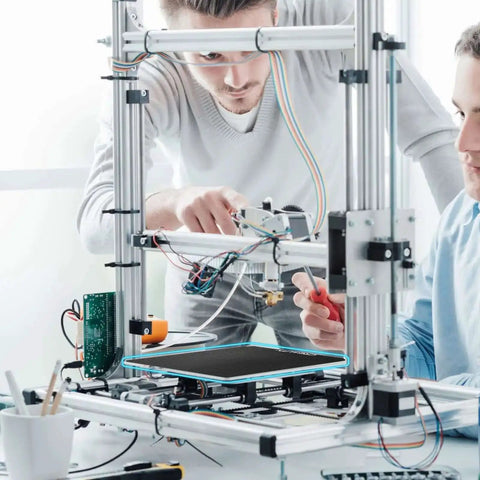 Two people assembling a 3D printer with Ender 3 Glass Bed Upgrade Tempered Glass Plate Build Surface 235x235x4mm installed