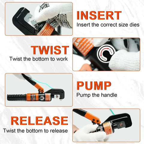 Instructions for using 10 Ton Hydraulic Battery Cable Crimper With 9 Dies And Dual Blade Weir Cutter, showing insert, twist, pump, release steps.