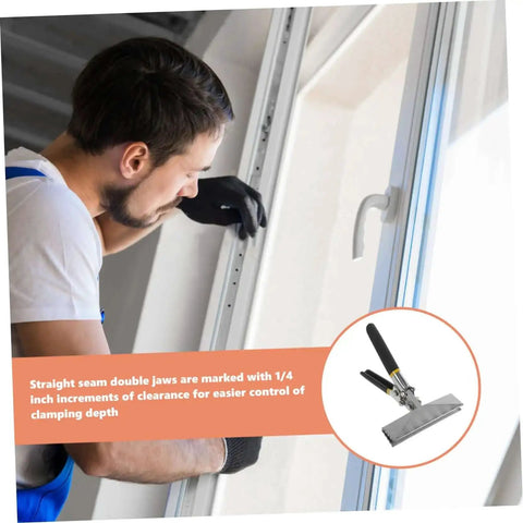 Man using 6 Inch Hand Seamer Tool For Metal Bending And Flattening Heavy Duty Pro Grade Sheet Metal Bender for window installation.