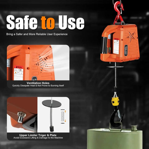 3 In 1 Electric Hoist Winch 2200 Lbs 110V With Remote And Manual Controls in operation, showing ventilation and safety features.