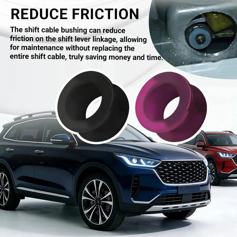 2 Pack Shift Cable Bushing Repair Kit for Automatic Transmissions with Clips, cars in background, focus on bushings