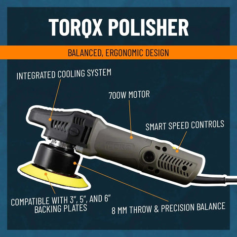 Illustration of TorqX Random Orbital Polisher Kit With Pads, Polishes, And Compounds For Cars, Trucks, SUVs, And Motorcycles, 700W Motor