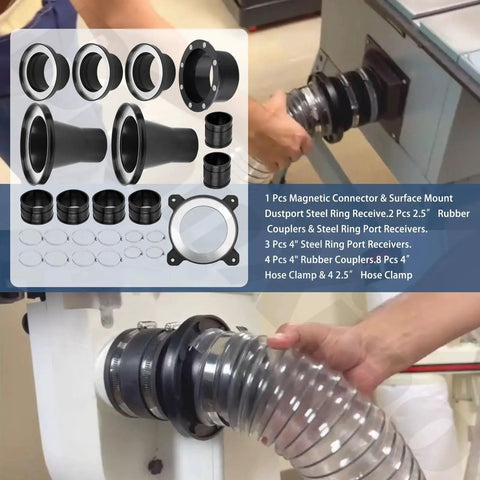 Magnetic Dust Collection Fittings Kit For 4 Inch And Two And A Half Inch Hoses With Mag Port Connector And Couplers installed