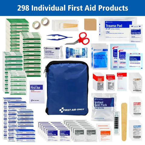 Comprehensive 298 Piece All-Purpose Emergency First Aid Kit for Home Office Car and Travel with supplies shown around blue pouch