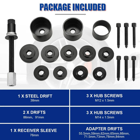19 Piece Front Wheel Drive Bearing Removal And Installation Tool Kit with adapter puller, drifts, hub screws, and sleeve displayed