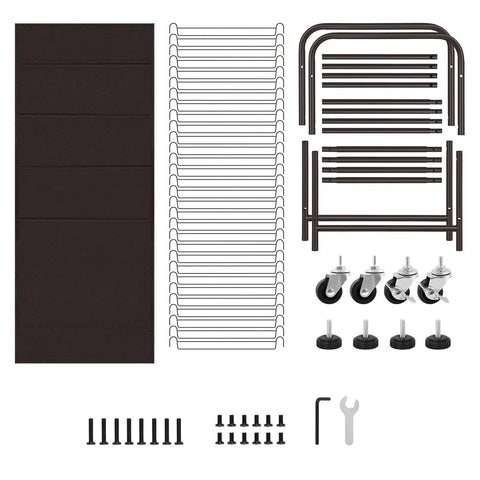 Assembly parts for Four Wheel Pants Rack With 30 Hangers And Built In Oxford Bag including frame, wheels, hangers, and tools