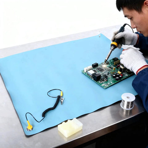 Technician using soldering iron on circuit board atop ESD Safe Anti Static Mat For Electronics Repair With Grounding Wire, Flexible Rubber Workstation Mat, 26.4 By 20.1 Inches, Ideal For Computer PC Building, Telecom Gear, And DIY Tech Projects