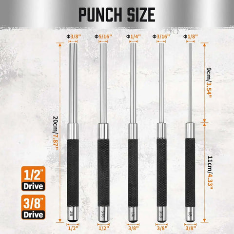 5 Piece Roll Pin Punch Set 8 Inch Carbon Steel Pro Grade Pin Punch Tool Kit With Storage Pouch for Gunsmithing and Repair