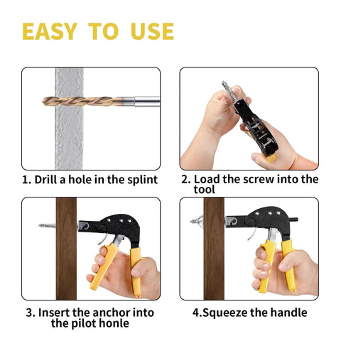 Instruction guide showing installation of Heavy Duty Hollow Wall Anchor Set With Zinc Plated Steel Bolts For Drywall