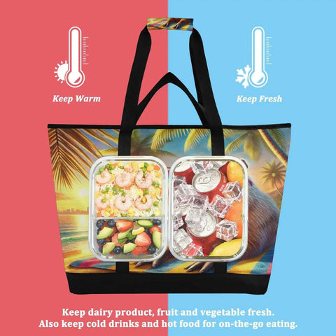 Capybara Beach Tote Bag For Women With Zipper Insulated Cooler Bag Foldable, showing tropical design and compartments with food items.