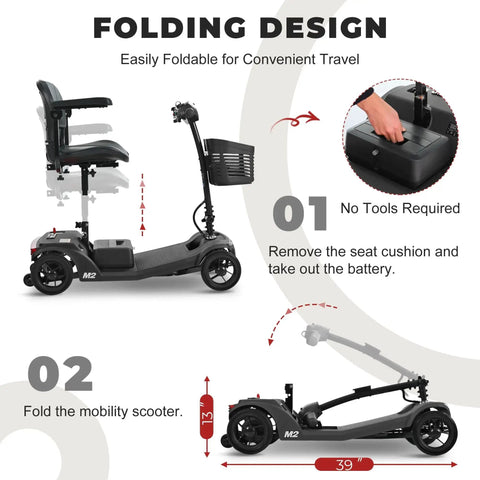 Metro Mobility 4-wheel folding mobility scooter in black with front basket; unfolded and folded views
