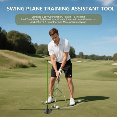 Man using Golf Alignment Stick Holder And Training Aid for aiming and swing plane practice on a green field