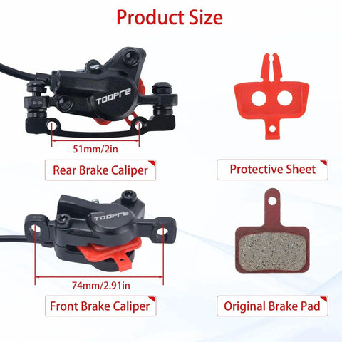 MT200 MTB hydraulic disc brake set with front left and rear right 2-piston calipers, hoses, brake pad, and protective sheet