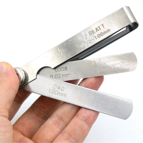 Stainless Steel Feeler Gauge Kit with 32 Precision Blades, Universal SAE and Metric Offset Valve Thickness Gauge, handheld view