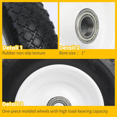 Close-up of 12 Inch Flat Free Solid Polyurethane Tire For Trailer Dolly And Utility Wheel, 1 Inch Bore, steel rim details